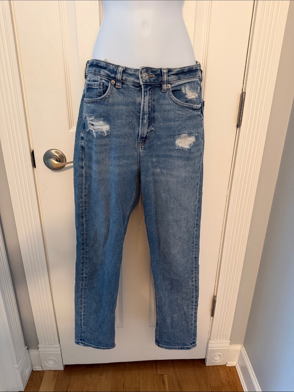American Eagle Outfitters Distressed Mid Blue Straight-Leg Jeans